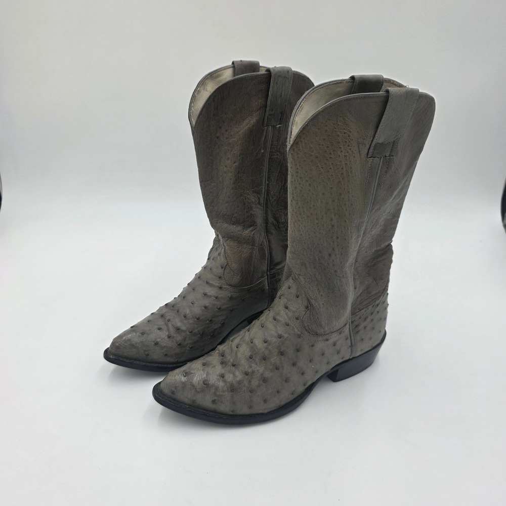 Mens Gray Full Quill Ostrich Leather Western Cowboy Boots Size 8.5 Pointed Toe